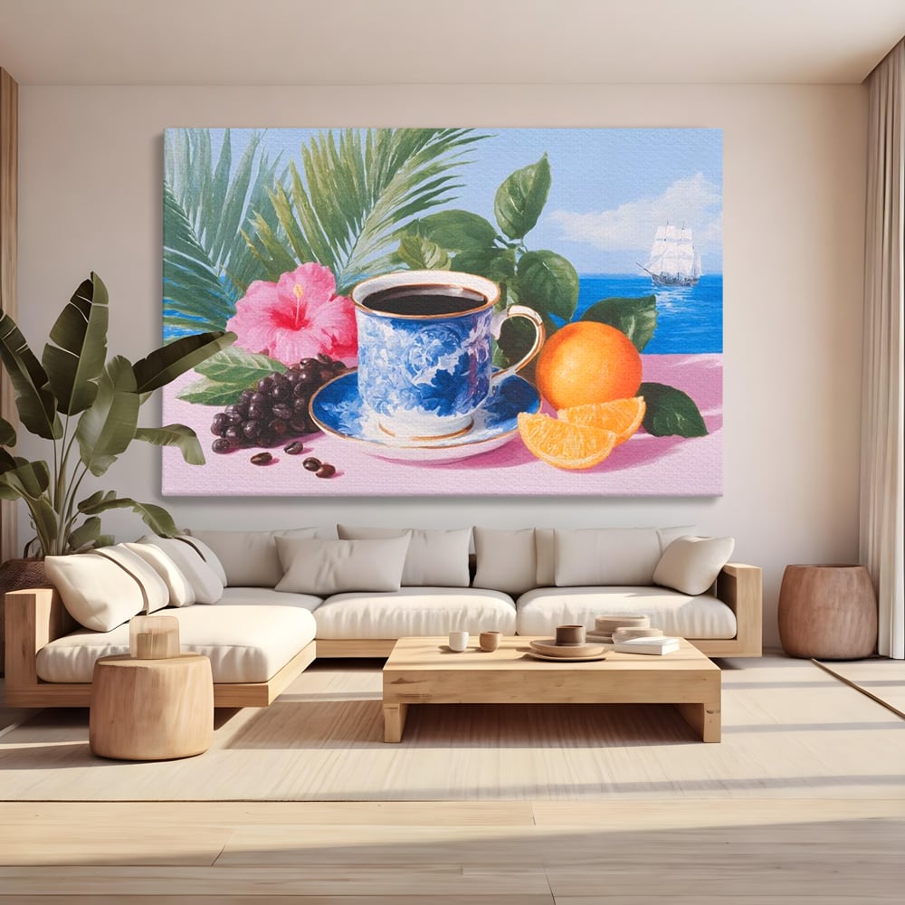 Tablou Canvas Premium, LuxCanva® N1154, Arome la Rasarit, Portocala, Flori, Frunze, Ceasca, Cafea, Barca, Vacanta, Ocean, Insula, Cafenea, Pub, Bar, Lounge, Restaurant, Bucatarie