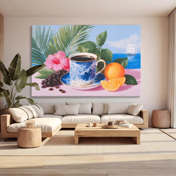 Tablou Canvas Premium, LuxCanva® N1154, Arome la Rasarit, Portocala, Flori, Frunze, Ceasca, Cafea, Barca, Vacanta, Ocean, Insula, Cafenea, Pub, Bar, Lounge, Restaurant, Bucatarie