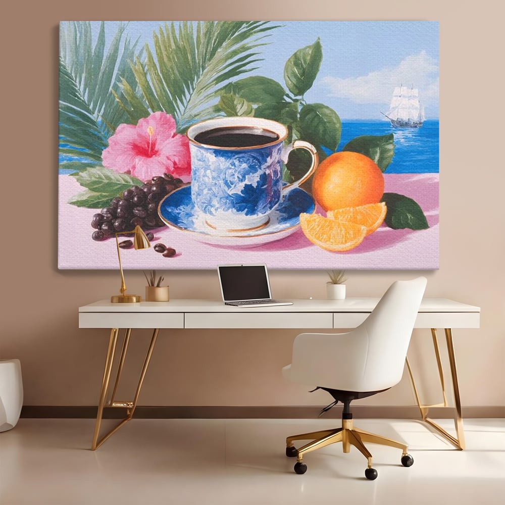 Tablou Canvas Premium, LuxCanva® N1154, Arome la Rasarit, Portocala, Flori, Frunze, Ceasca, Cafea, Barca, Vacanta, Ocean, Insula, Cafenea, Pub, Bar, Lounge, Restaurant, Bucatarie