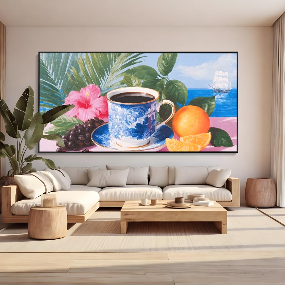 Tablou Canvas Premium, LuxCanva® N1154, Arome la Rasarit, Portocala, Flori, Frunze, Ceasca, Cafea, Barca, Vacanta, Ocean, Insula, Cafenea, Pub, Bar, Lounge, Restaurant, Bucatarie