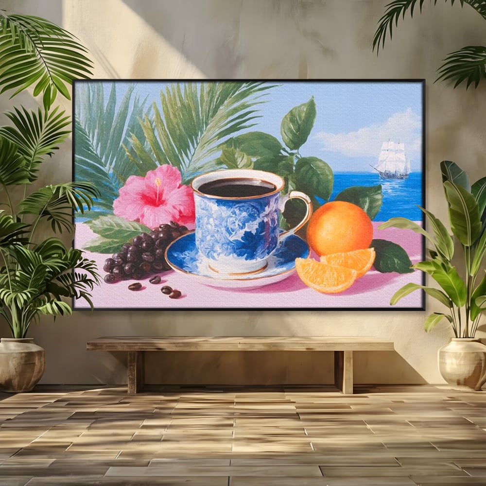 Tablou Canvas Premium, LuxCanva® N1154, Arome la Rasarit, Portocala, Flori, Frunze, Ceasca, Cafea, Barca, Vacanta, Ocean, Insula, Cafenea, Pub, Bar, Lounge, Restaurant, Bucatarie