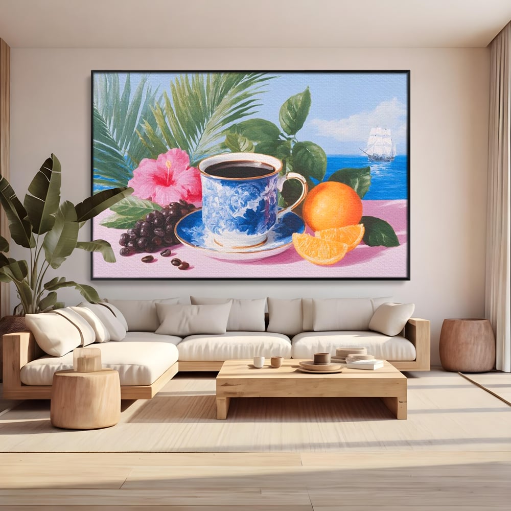 Tablou Canvas Premium, LuxCanva® N1154, Arome la Rasarit, Portocala, Flori, Frunze, Ceasca, Cafea, Barca, Vacanta, Ocean, Insula, Cafenea, Pub, Bar, Lounge, Restaurant, Bucatarie
