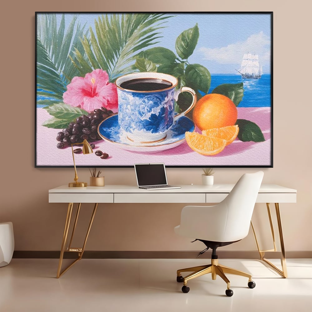 Tablou Canvas Premium, LuxCanva® N1154, Arome la Rasarit, Portocala, Flori, Frunze, Ceasca, Cafea, Barca, Vacanta, Ocean, Insula, Cafenea, Pub, Bar, Lounge, Restaurant, Bucatarie