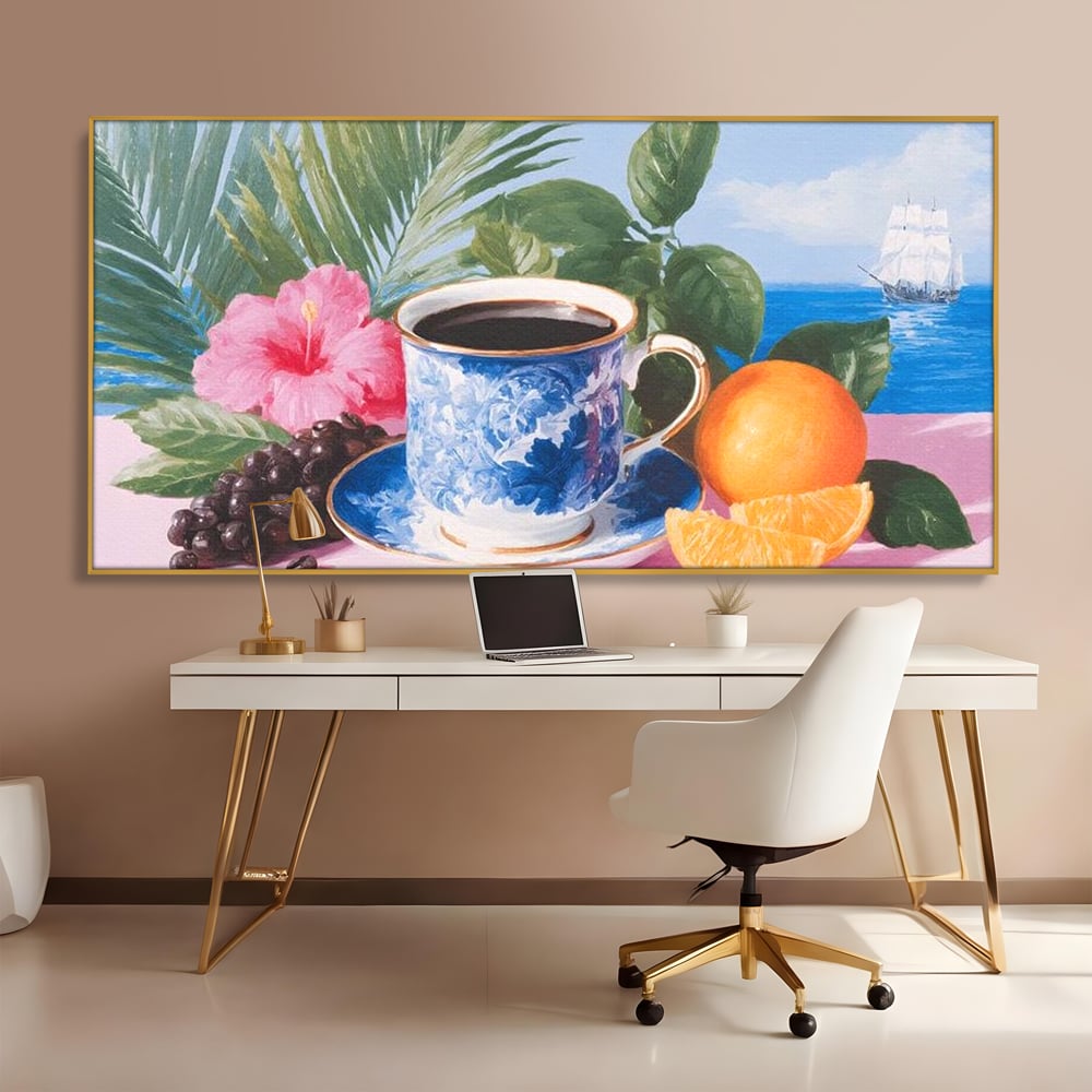Tablou Canvas Premium, LuxCanva® N1154, Arome la Rasarit, Portocala, Flori, Frunze, Ceasca, Cafea, Barca, Vacanta, Ocean, Insula, Cafenea, Pub, Bar, Lounge, Restaurant, Bucatarie