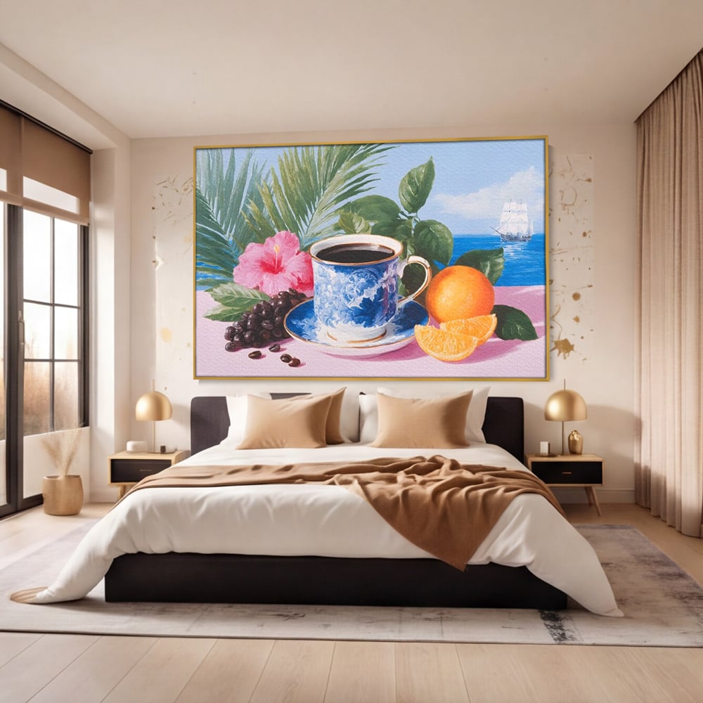Tablou Canvas Premium, LuxCanva® N1154, Arome la Rasarit, Portocala, Flori, Frunze, Ceasca, Cafea, Barca, Vacanta, Ocean, Insula, Cafenea, Pub, Bar, Lounge, Restaurant, Bucatarie
