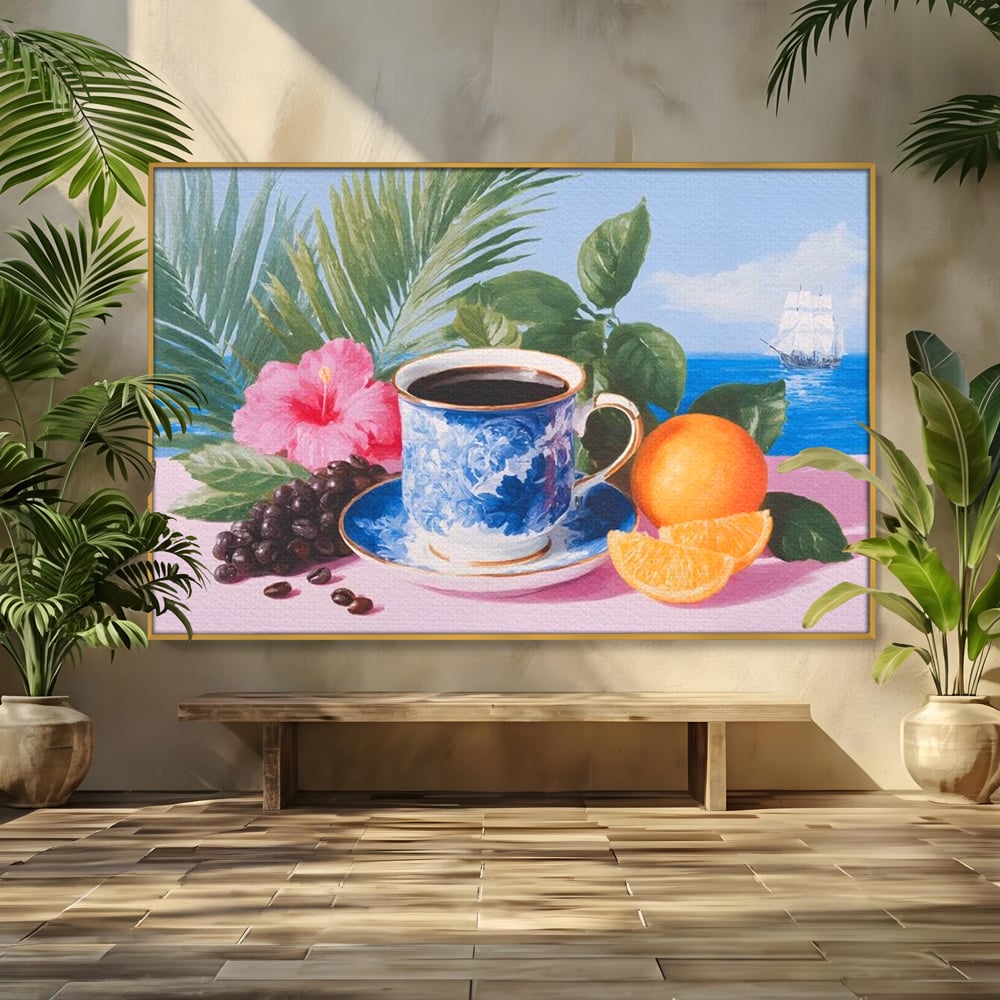 Tablou Canvas Premium, LuxCanva® N1154, Arome la Rasarit, Portocala, Flori, Frunze, Ceasca, Cafea, Barca, Vacanta, Ocean, Insula, Cafenea, Pub, Bar, Lounge, Restaurant, Bucatarie
