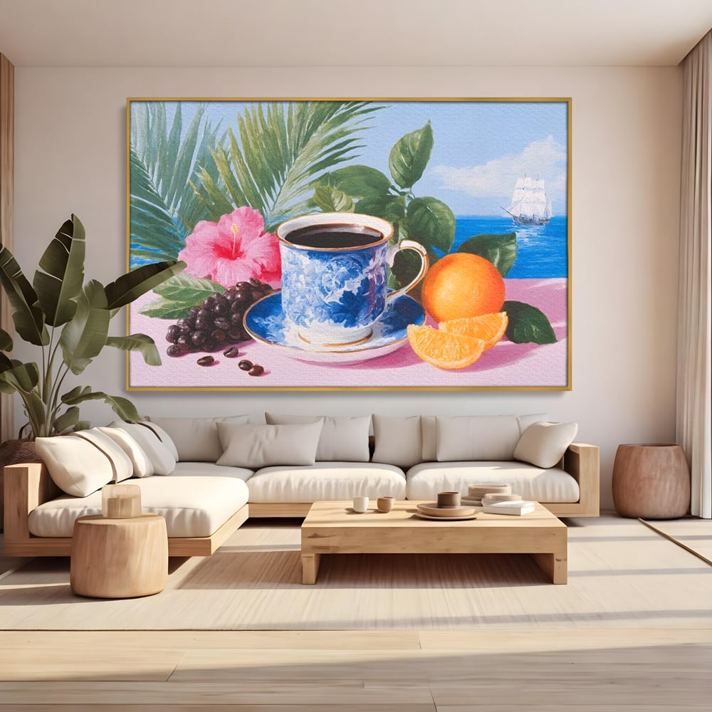 Tablou Canvas Premium, LuxCanva® N1154, Arome la Rasarit, Portocala, Flori, Frunze, Ceasca, Cafea, Barca, Vacanta, Ocean, Insula, Cafenea, Pub, Bar, Lounge, Restaurant, Bucatarie