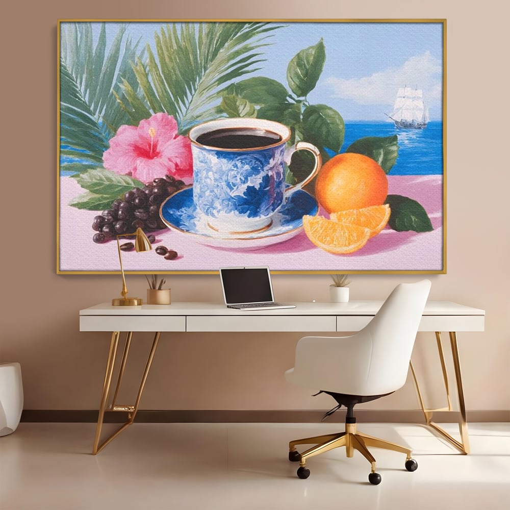 Tablou Canvas Premium, LuxCanva® N1154, Arome la Rasarit, Portocala, Flori, Frunze, Ceasca, Cafea, Barca, Vacanta, Ocean, Insula, Cafenea, Pub, Bar, Lounge, Restaurant, Bucatarie