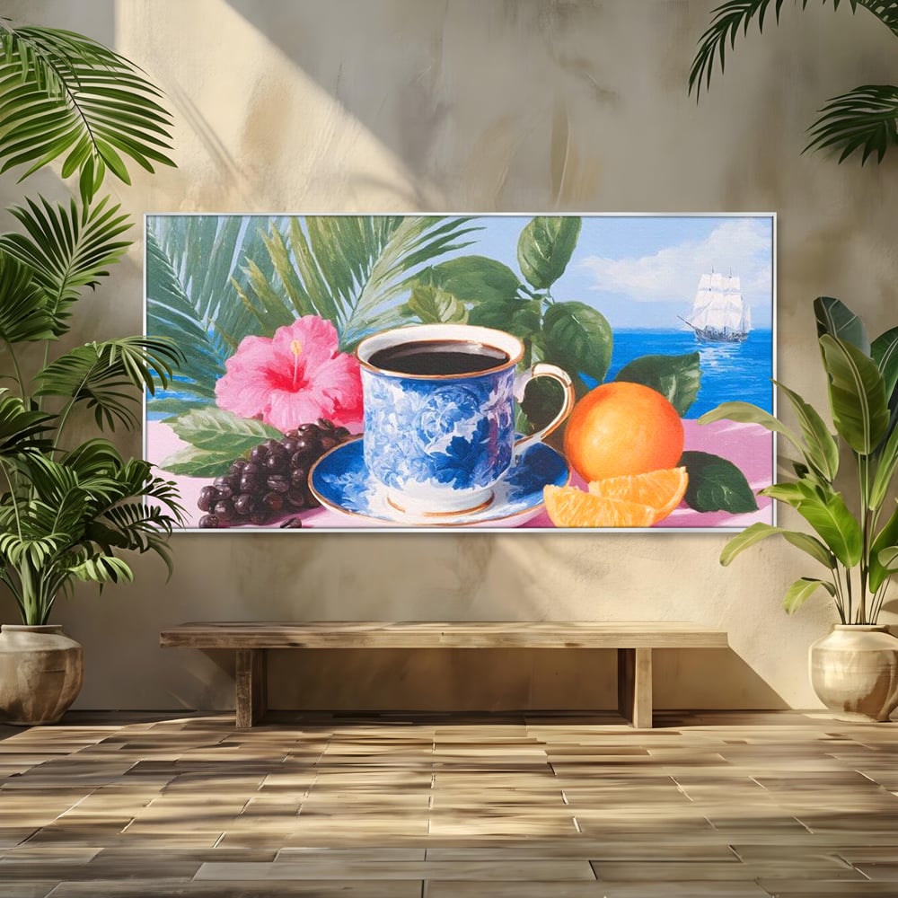 Tablou Canvas Premium, LuxCanva® N1154, Arome la Rasarit, Portocala, Flori, Frunze, Ceasca, Cafea, Barca, Vacanta, Ocean, Insula, Cafenea, Pub, Bar, Lounge, Restaurant, Bucatarie