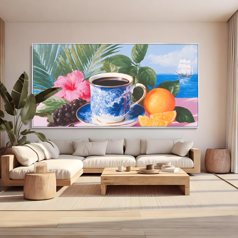 Tablou Canvas Premium, LuxCanva® N1154, Arome la Rasarit, Portocala, Flori, Frunze, Ceasca, Cafea, Barca, Vacanta, Ocean, Insula, Cafenea, Pub, Bar, Lounge, Restaurant, Bucatarie