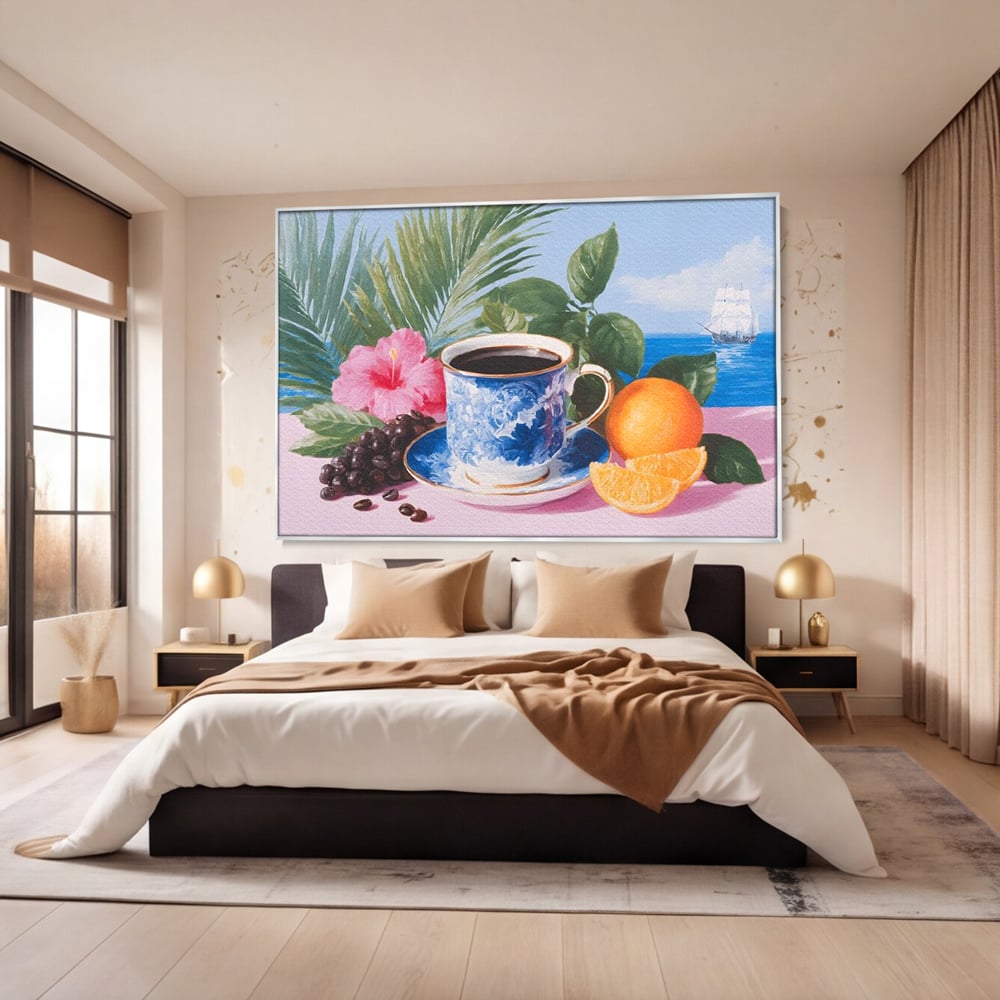 Tablou Canvas Premium, LuxCanva® N1154, Arome la Rasarit, Portocala, Flori, Frunze, Ceasca, Cafea, Barca, Vacanta, Ocean, Insula, Cafenea, Pub, Bar, Lounge, Restaurant, Bucatarie