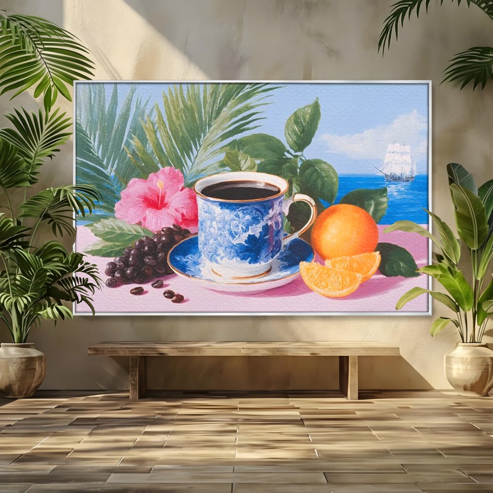 Tablou Canvas Premium, LuxCanva® N1154, Arome la Rasarit, Portocala, Flori, Frunze, Ceasca, Cafea, Barca, Vacanta, Ocean, Insula, Cafenea, Pub, Bar, Lounge, Restaurant, Bucatarie