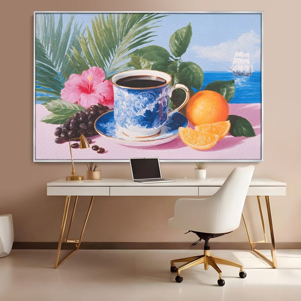 Tablou Canvas Premium, LuxCanva® N1154, Arome la Rasarit, Portocala, Flori, Frunze, Ceasca, Cafea, Barca, Vacanta, Ocean, Insula, Cafenea, Pub, Bar, Lounge, Restaurant, Bucatarie