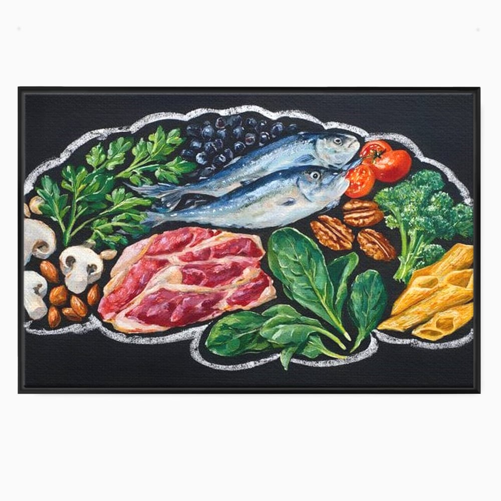 Leinwand Premium Canvas Wall Art, LuxCanva® N1155, Perfekter Teller, Fisch, Fleisch, Fleisch, Gemüse, Zutaten, Gemüse, Gewürze, Rezepte, Restaurant, Küche