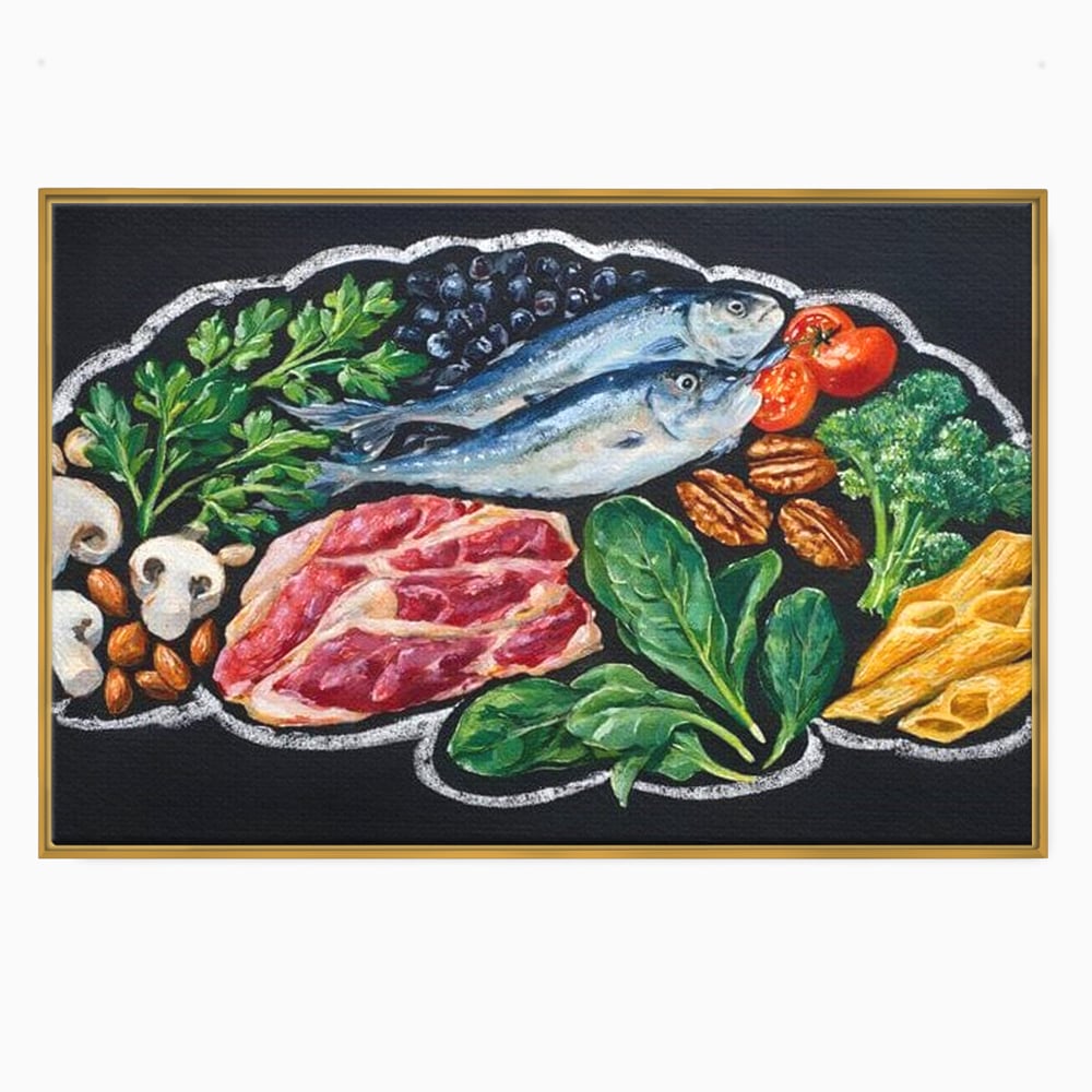 Leinwand Premium Canvas Wall Art, LuxCanva® N1155, Perfekter Teller, Fisch, Fleisch, Fleisch, Gemüse, Zutaten, Gemüse, Gewürze, Rezepte, Restaurant, Küche