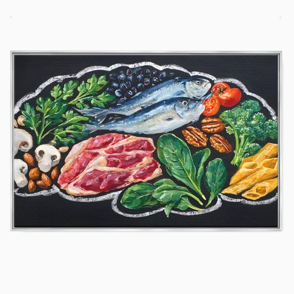 Leinwand Premium Canvas Wall Art, LuxCanva® N1155, Perfekter Teller, Fisch, Fleisch, Fleisch, Gemüse, Zutaten, Gemüse, Gewürze, Rezepte, Restaurant, Küche