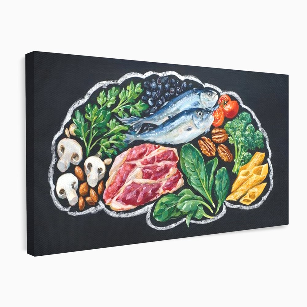 Leinwand Premium Canvas Wall Art, LuxCanva® N1155, Perfekter Teller, Fisch, Fleisch, Fleisch, Gemüse, Zutaten, Gemüse, Gewürze, Rezepte, Restaurant, Küche