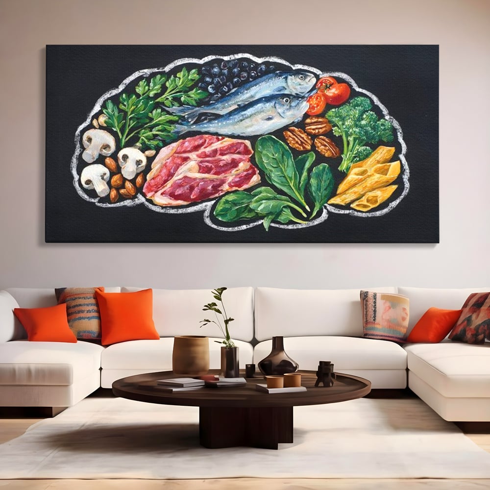 Leinwand Premium Canvas Wall Art, LuxCanva® N1155, Perfekter Teller, Fisch, Fleisch, Fleisch, Gemüse, Zutaten, Gemüse, Gewürze, Rezepte, Restaurant, Küche