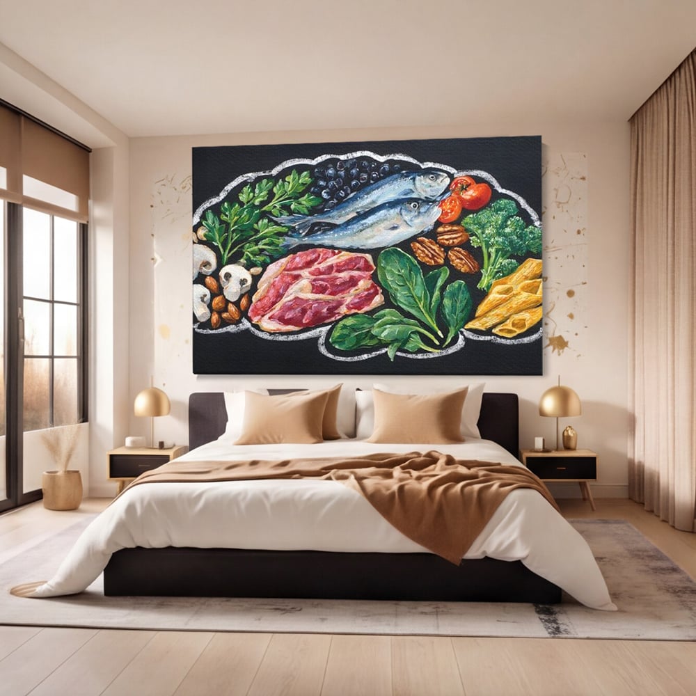 Leinwand Premium Canvas Wall Art, LuxCanva® N1155, Perfekter Teller, Fisch, Fleisch, Fleisch, Gemüse, Zutaten, Gemüse, Gewürze, Rezepte, Restaurant, Küche
