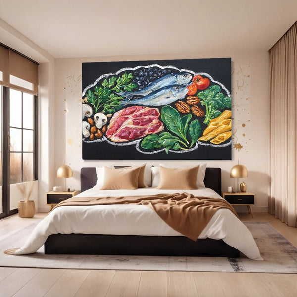 Leinwand Premium Canvas Wall Art, LuxCanva® N1155, Perfekter Teller, Fisch, Fleisch, Fleisch, Gemüse, Zutaten, Gemüse, Gewürze, Rezepte, Restaurant, Küche
