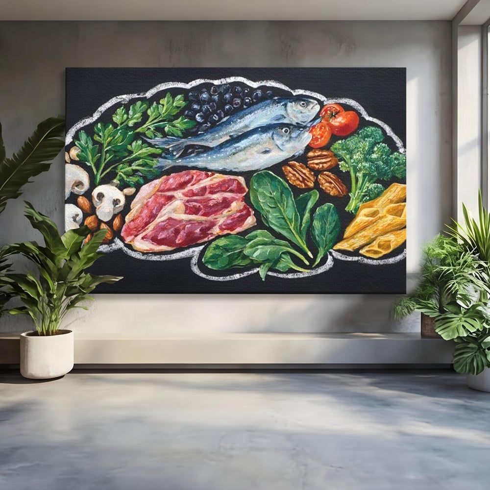 Leinwand Premium Canvas Wall Art, LuxCanva® N1155, Perfekter Teller, Fisch, Fleisch, Fleisch, Gemüse, Zutaten, Gemüse, Gewürze, Rezepte, Restaurant, Küche