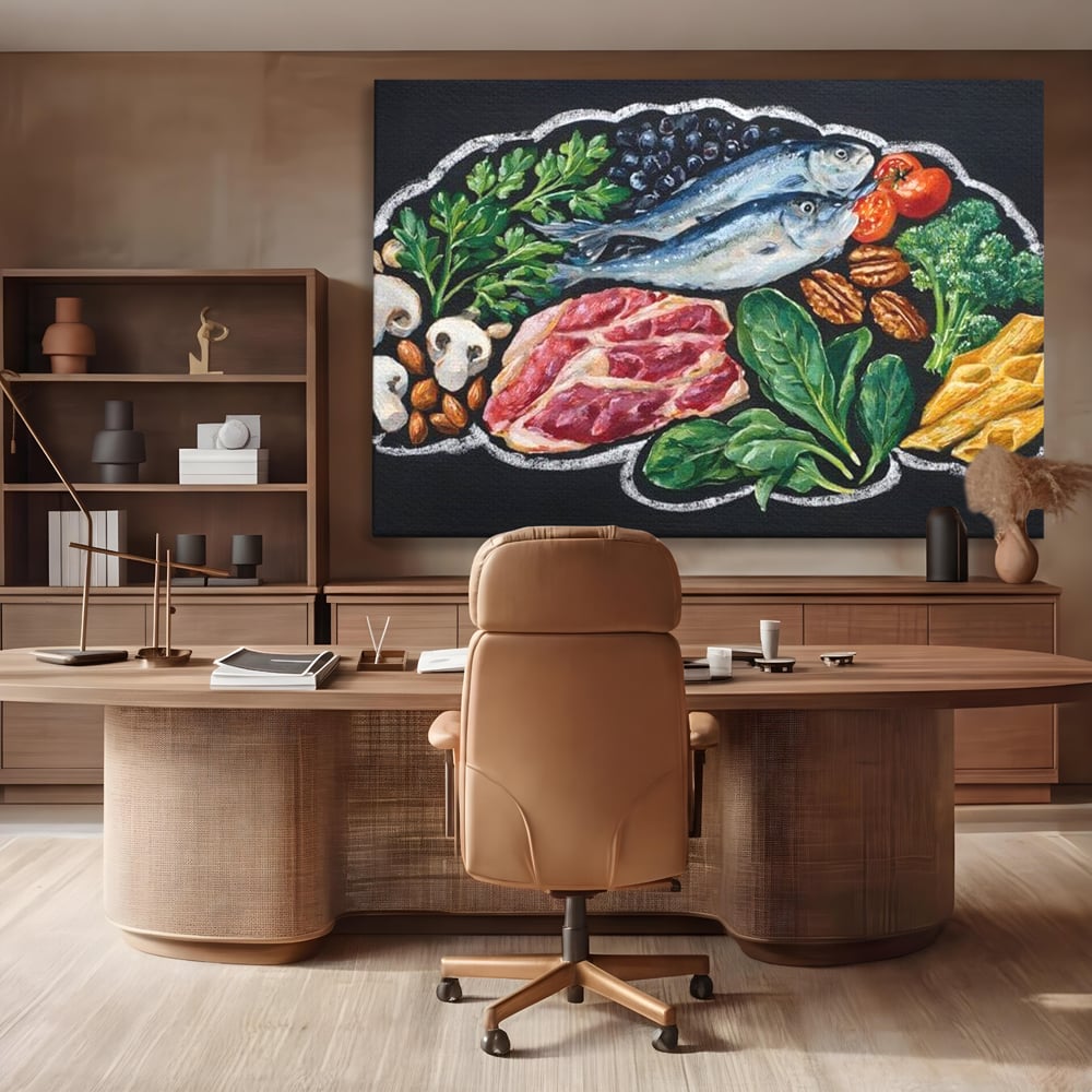 Leinwand Premium Canvas Wall Art, LuxCanva® N1155, Perfekter Teller, Fisch, Fleisch, Fleisch, Gemüse, Zutaten, Gemüse, Gewürze, Rezepte, Restaurant, Küche