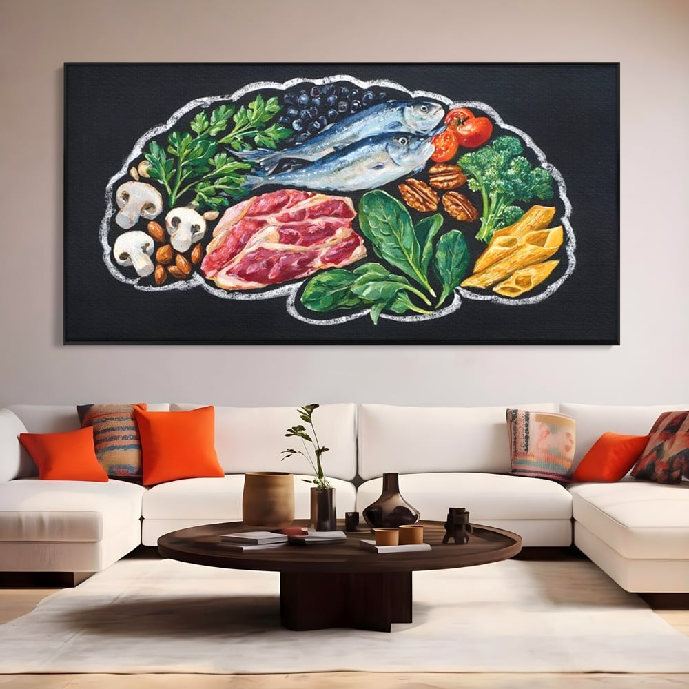 Leinwand Premium Canvas Wall Art, LuxCanva® N1155, Perfekter Teller, Fisch, Fleisch, Fleisch, Gemüse, Zutaten, Gemüse, Gewürze, Rezepte, Restaurant, Küche