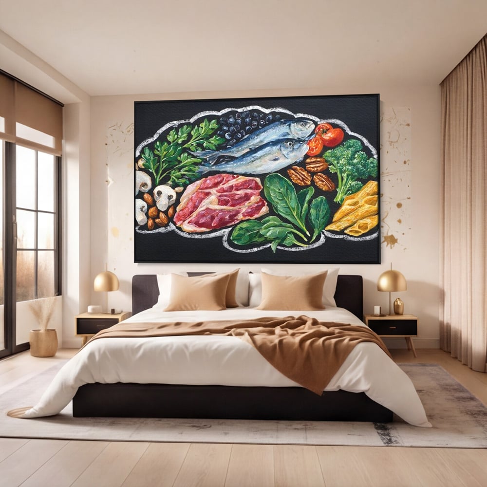 Leinwand Premium Canvas Wall Art, LuxCanva® N1155, Perfekter Teller, Fisch, Fleisch, Fleisch, Gemüse, Zutaten, Gemüse, Gewürze, Rezepte, Restaurant, Küche