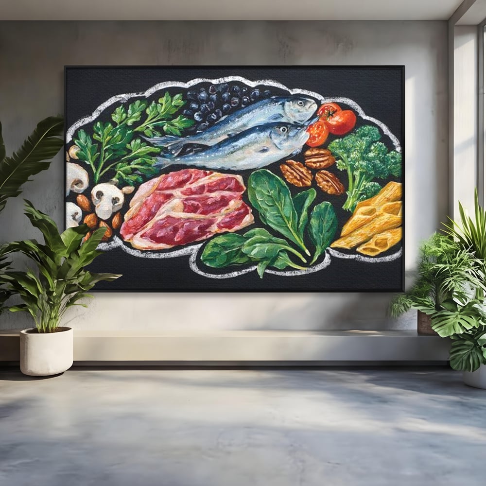 Leinwand Premium Canvas Wall Art, LuxCanva® N1155, Perfekter Teller, Fisch, Fleisch, Fleisch, Gemüse, Zutaten, Gemüse, Gewürze, Rezepte, Restaurant, Küche
