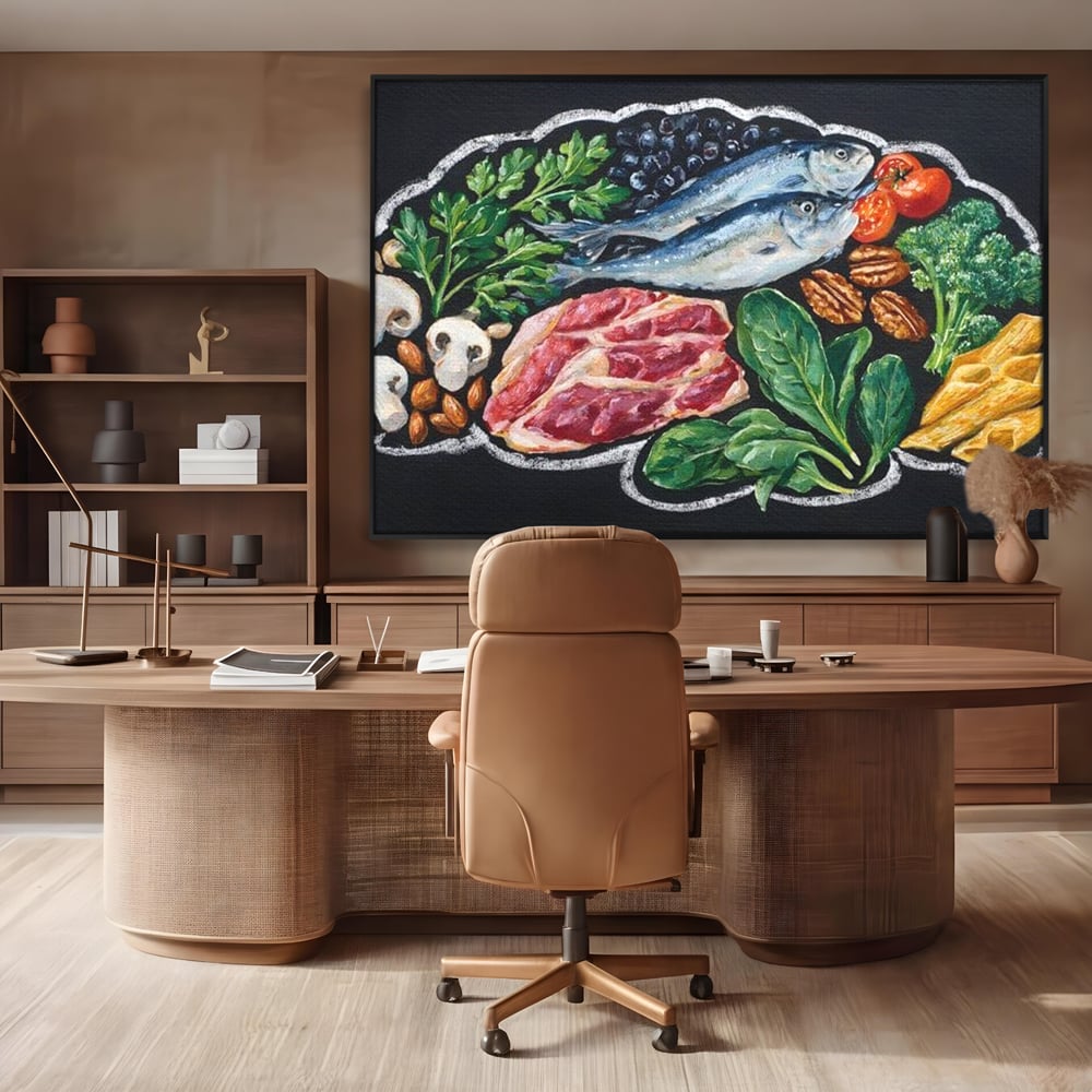 Leinwand Premium Canvas Wall Art, LuxCanva® N1155, Perfekter Teller, Fisch, Fleisch, Fleisch, Gemüse, Zutaten, Gemüse, Gewürze, Rezepte, Restaurant, Küche