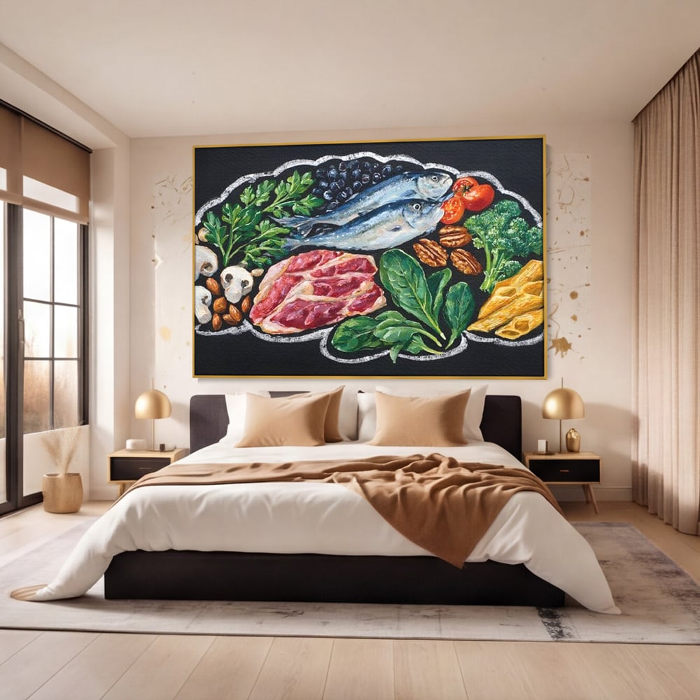 Leinwand Premium Canvas Wall Art, LuxCanva® N1155, Perfekter Teller, Fisch, Fleisch, Fleisch, Gemüse, Zutaten, Gemüse, Gewürze, Rezepte, Restaurant, Küche