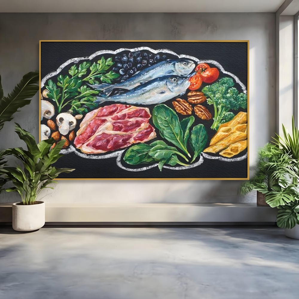 Leinwand Premium Canvas Wall Art, LuxCanva® N1155, Perfekter Teller, Fisch, Fleisch, Fleisch, Gemüse, Zutaten, Gemüse, Gewürze, Rezepte, Restaurant, Küche