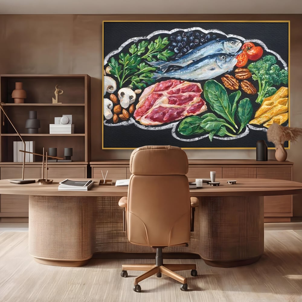 Leinwand Premium Canvas Wall Art, LuxCanva® N1155, Perfekter Teller, Fisch, Fleisch, Fleisch, Gemüse, Zutaten, Gemüse, Gewürze, Rezepte, Restaurant, Küche