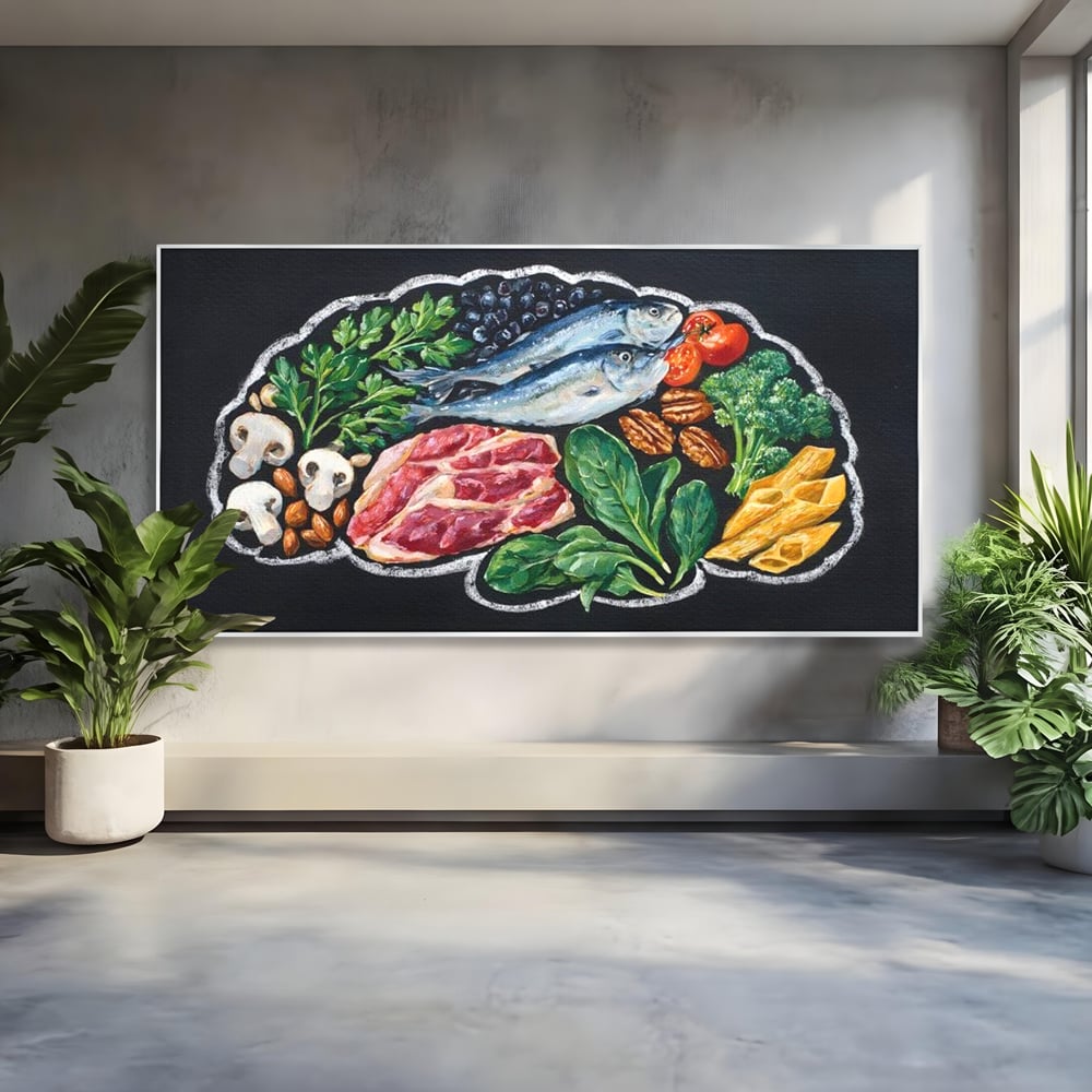 Leinwand Premium Canvas Wall Art, LuxCanva® N1155, Perfekter Teller, Fisch, Fleisch, Fleisch, Gemüse, Zutaten, Gemüse, Gewürze, Rezepte, Restaurant, Küche
