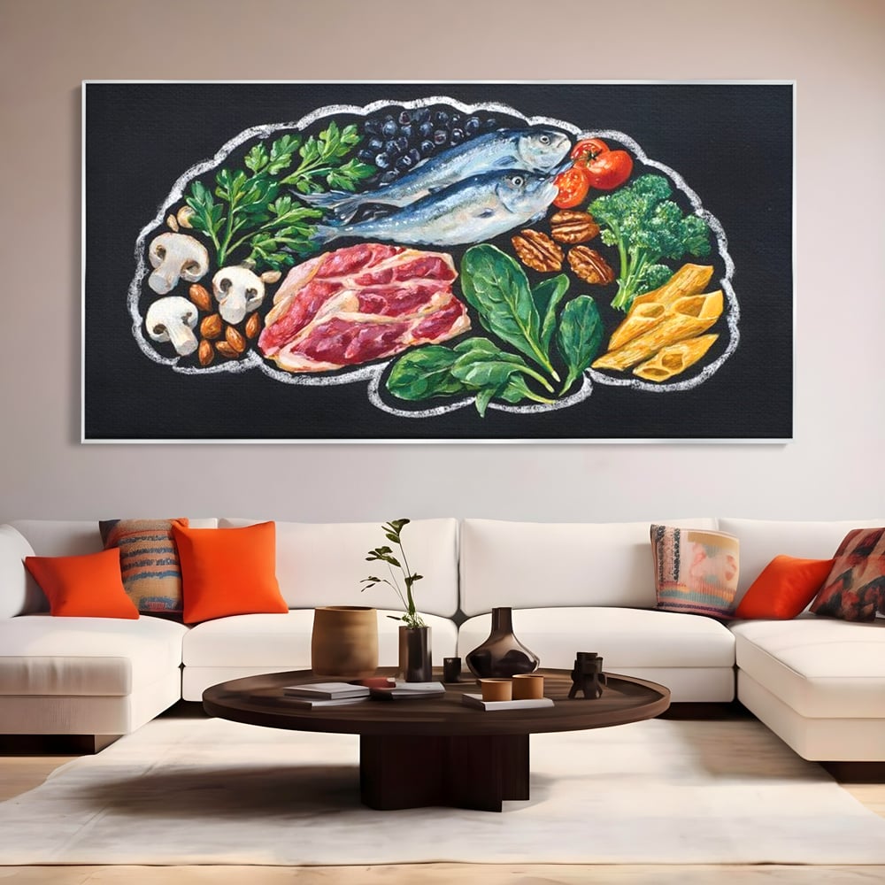 Leinwand Premium Canvas Wall Art, LuxCanva® N1155, Perfekter Teller, Fisch, Fleisch, Fleisch, Gemüse, Zutaten, Gemüse, Gewürze, Rezepte, Restaurant, Küche