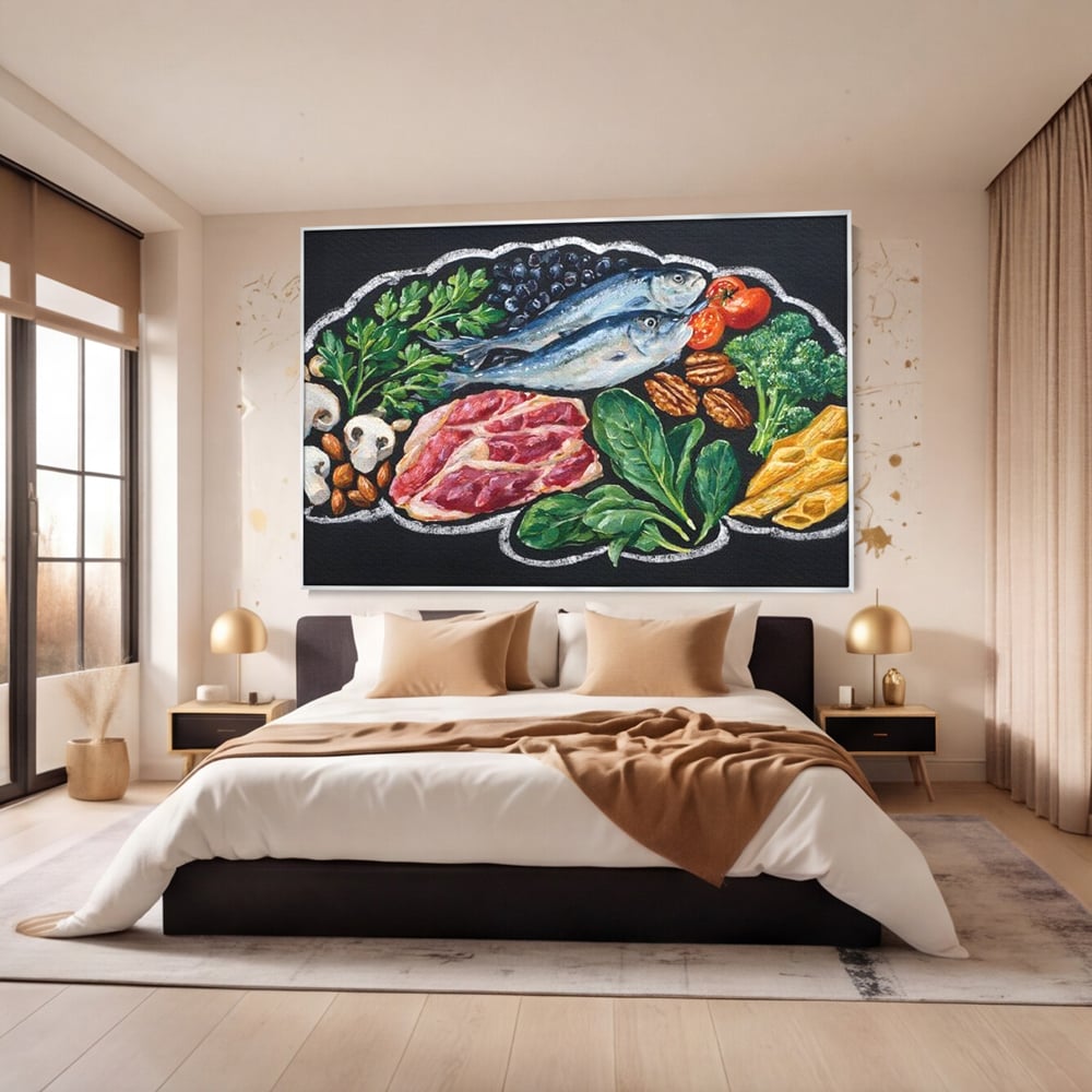Leinwand Premium Canvas Wall Art, LuxCanva® N1155, Perfekter Teller, Fisch, Fleisch, Fleisch, Gemüse, Zutaten, Gemüse, Gewürze, Rezepte, Restaurant, Küche