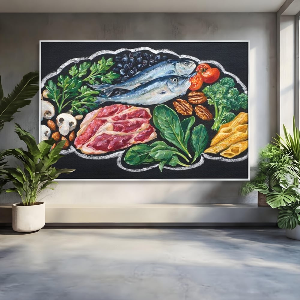 Leinwand Premium Canvas Wall Art, LuxCanva® N1155, Perfekter Teller, Fisch, Fleisch, Fleisch, Gemüse, Zutaten, Gemüse, Gewürze, Rezepte, Restaurant, Küche