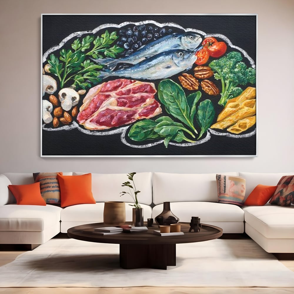 Leinwand Premium Canvas Wall Art, LuxCanva® N1155, Perfekter Teller, Fisch, Fleisch, Fleisch, Gemüse, Zutaten, Gemüse, Gewürze, Rezepte, Restaurant, Küche