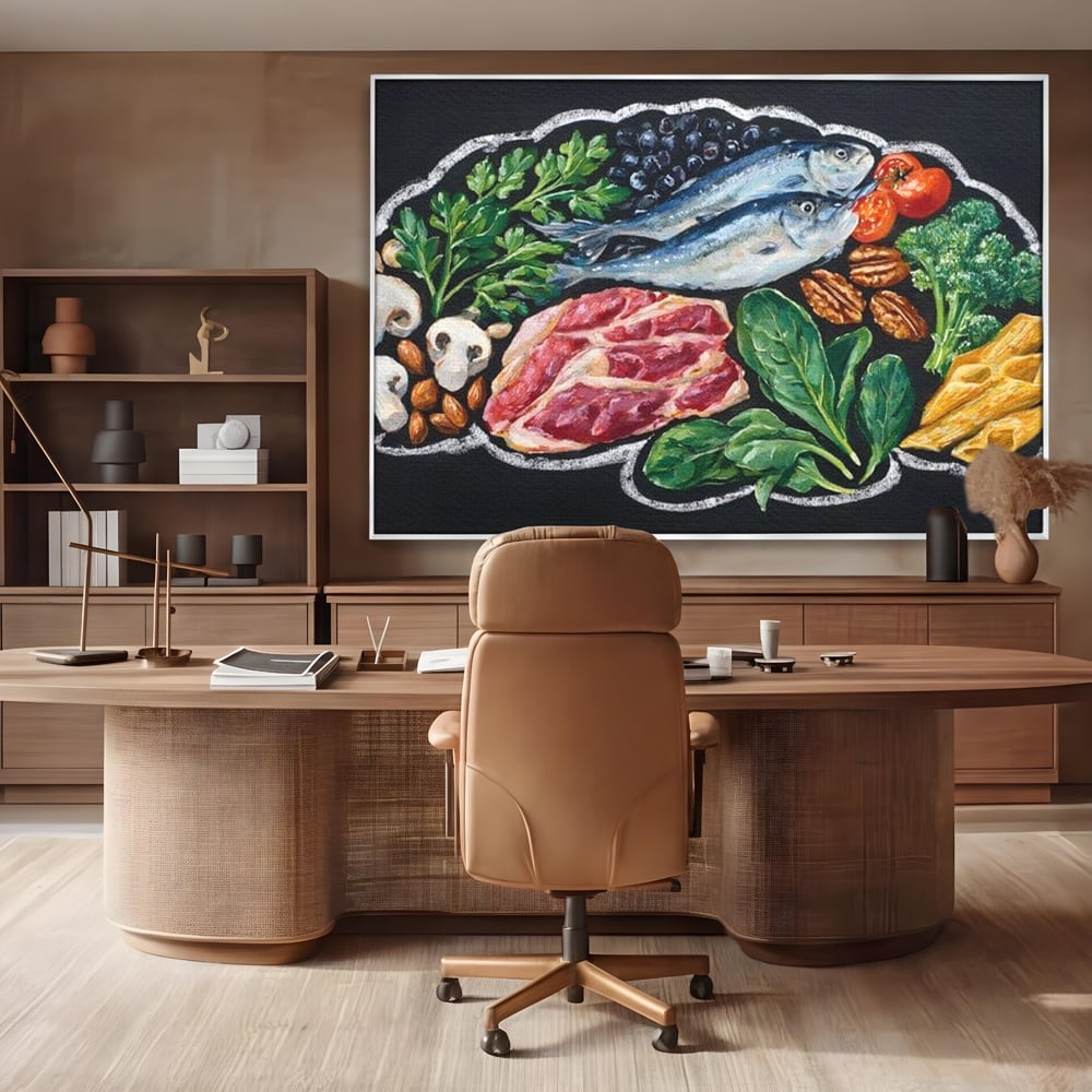 Leinwand Premium Canvas Wall Art, LuxCanva® N1155, Perfekter Teller, Fisch, Fleisch, Fleisch, Gemüse, Zutaten, Gemüse, Gewürze, Rezepte, Restaurant, Küche