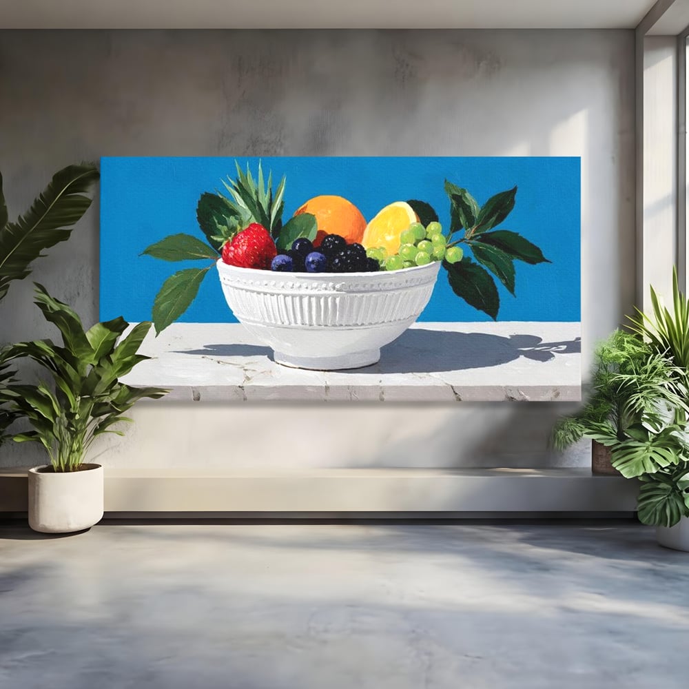 Tablou Canvas Premium, LuxCanva® N1156, Compozitie Fructata, Bol, Fructe, Capsuni, Portocale, Struguri, Fructe de Padure, Vitamine, Restaurant, Bucatarie