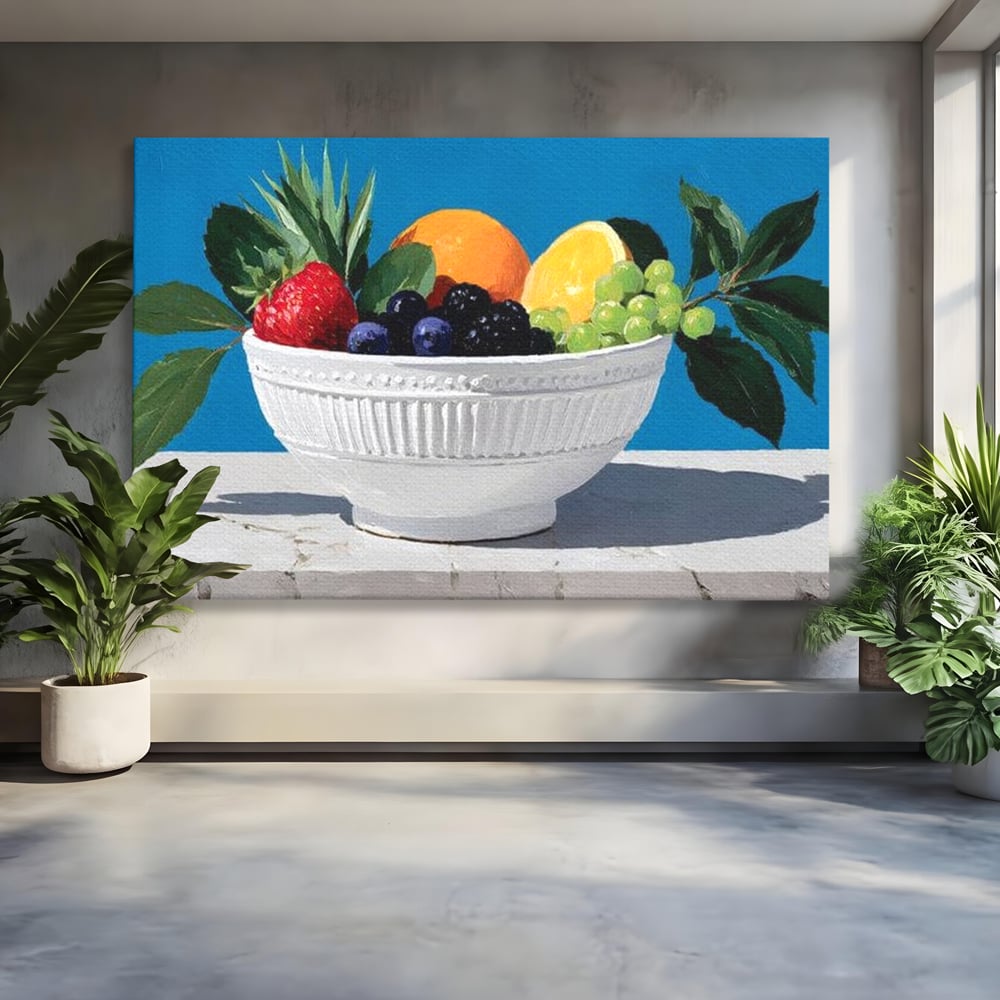 Tablou Canvas Premium, LuxCanva® N1156, Compozitie Fructata, Bol, Fructe, Capsuni, Portocale, Struguri, Fructe de Padure, Vitamine, Restaurant, Bucatarie
