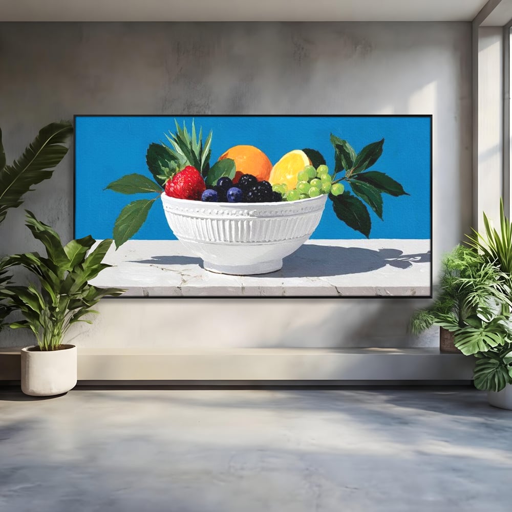 Tablou Canvas Premium, LuxCanva® N1156, Compozitie Fructata, Bol, Fructe, Capsuni, Portocale, Struguri, Fructe de Padure, Vitamine, Restaurant, Bucatarie