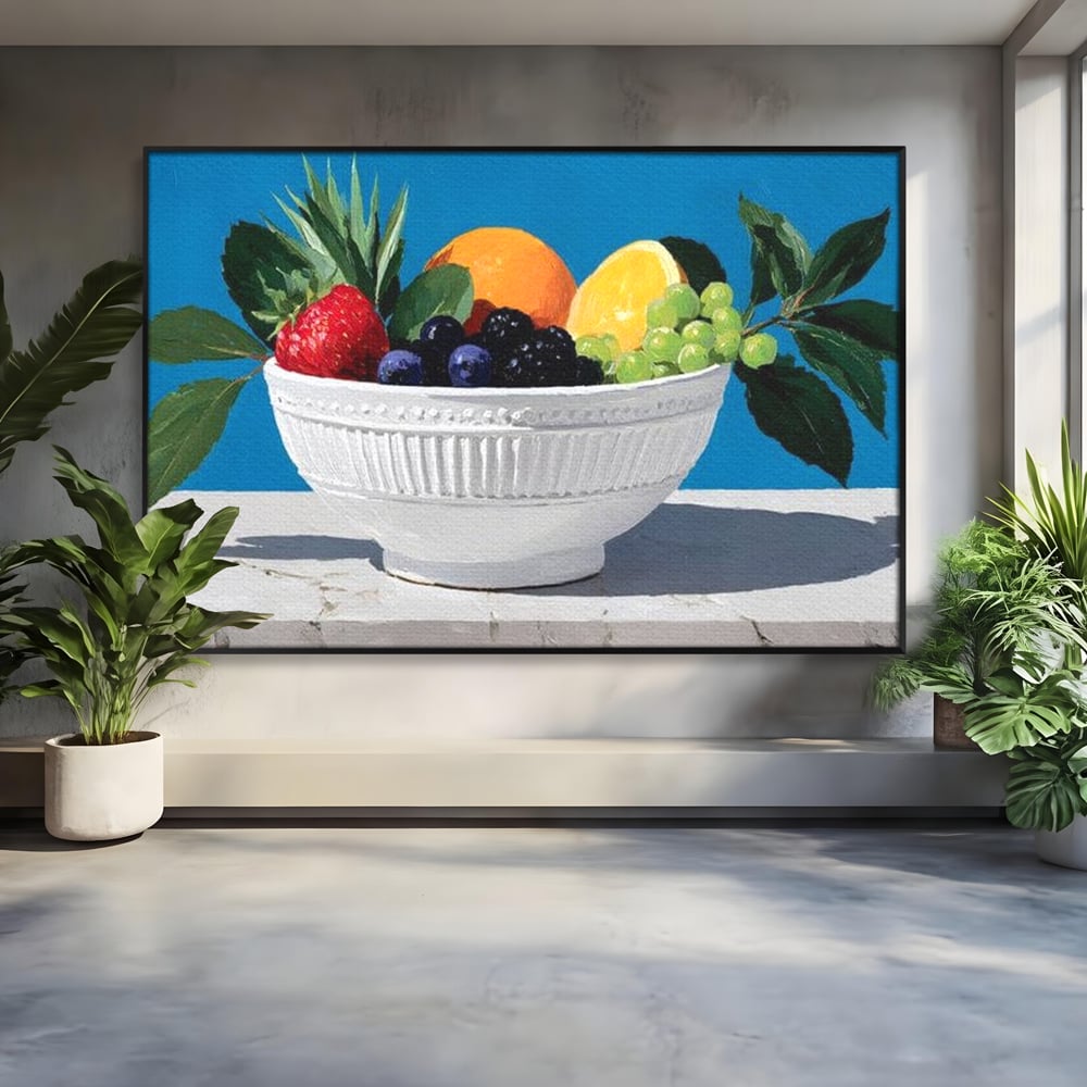 Tablou Canvas Premium, LuxCanva® N1156, Compozitie Fructata, Bol, Fructe, Capsuni, Portocale, Struguri, Fructe de Padure, Vitamine, Restaurant, Bucatarie