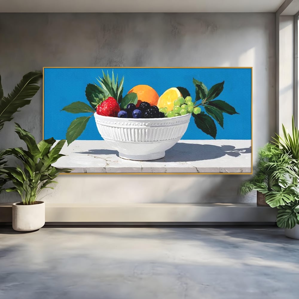 Tablou Canvas Premium, LuxCanva® N1156, Compozitie Fructata, Bol, Fructe, Capsuni, Portocale, Struguri, Fructe de Padure, Vitamine, Restaurant, Bucatarie