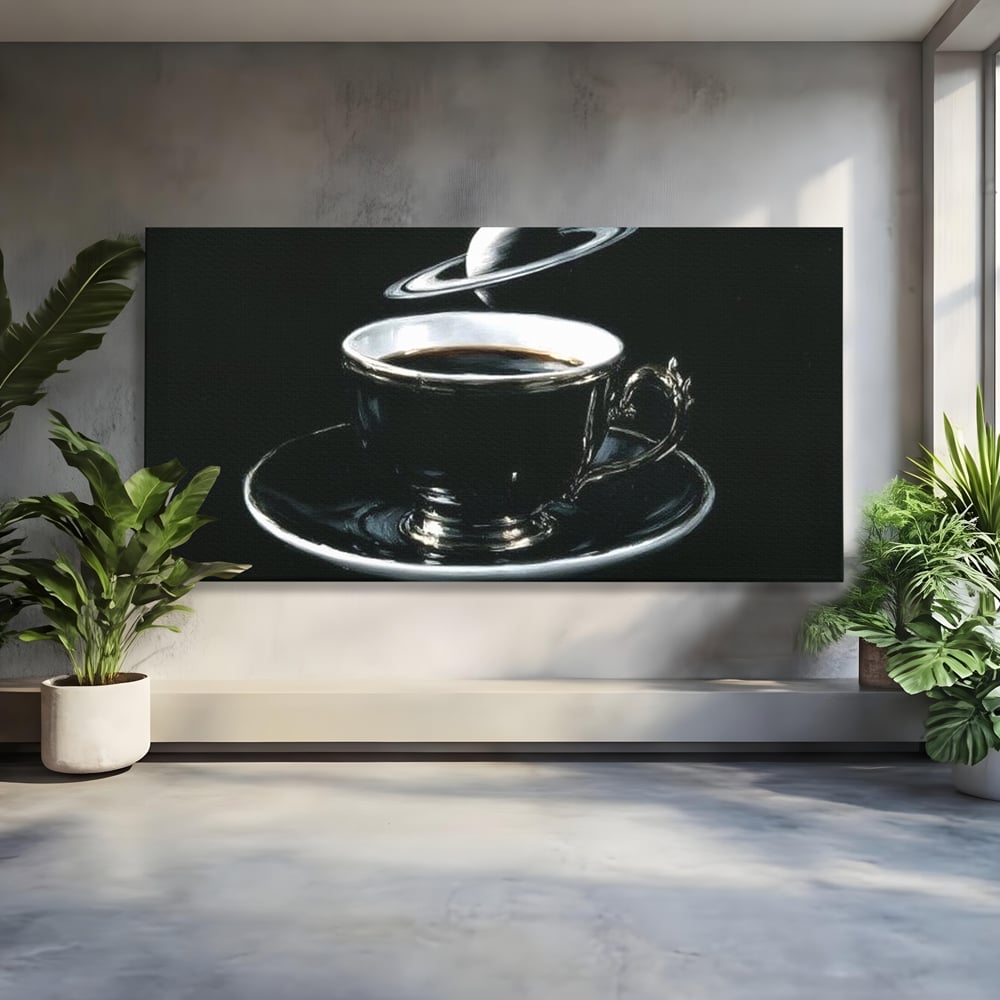 Tablou Canvas Premium, LuxCanva® N1157, Orbita Neagra, Cafea, Espresso, Ceasca, Vintage, Planeta, Misterios, Modern, Cafenea, Pub, Bar, Lounge, Restaurant, Bucatarie