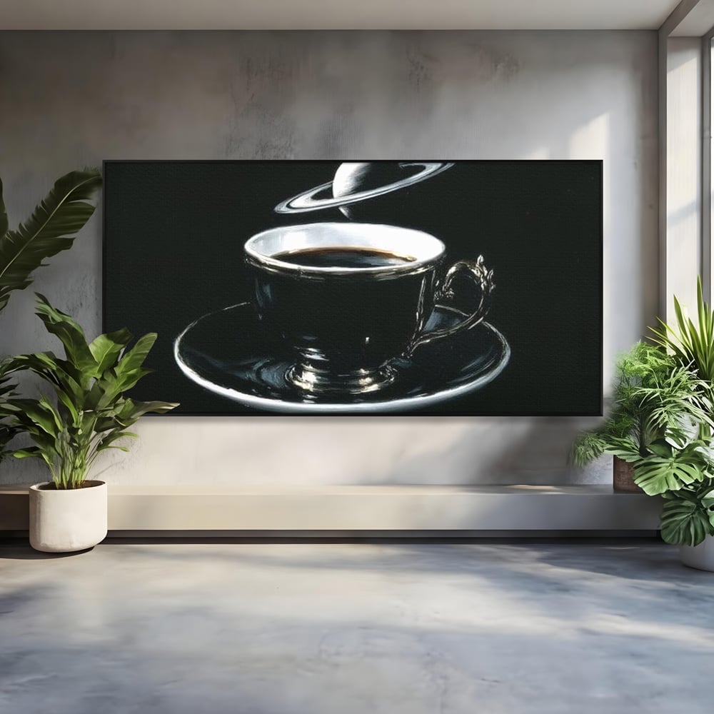 Tablou Canvas Premium, LuxCanva® N1157, Orbita Neagra, Cafea, Espresso, Ceasca, Vintage, Planeta, Misterios, Modern, Cafenea, Pub, Bar, Lounge, Restaurant, Bucatarie