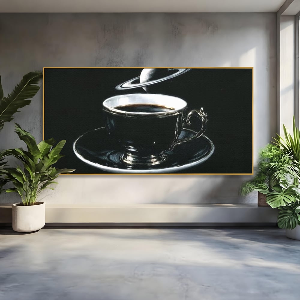 Tablou Canvas Premium, LuxCanva® N1157, Orbita Neagra, Cafea, Espresso, Ceasca, Vintage, Planeta, Misterios, Modern, Cafenea, Pub, Bar, Lounge, Restaurant, Bucatarie