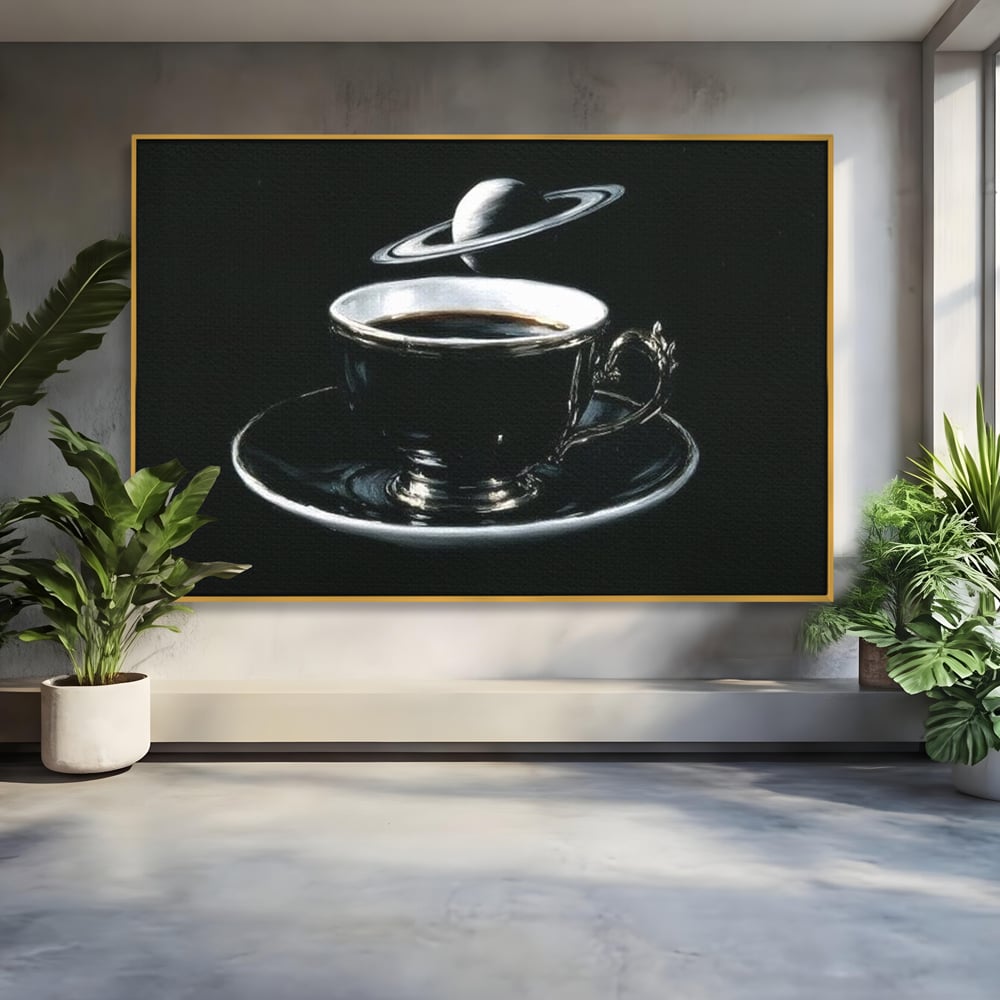 Tablou Canvas Premium, LuxCanva® N1157, Orbita Neagra, Cafea, Espresso, Ceasca, Vintage, Planeta, Misterios, Modern, Cafenea, Pub, Bar, Lounge, Restaurant, Bucatarie