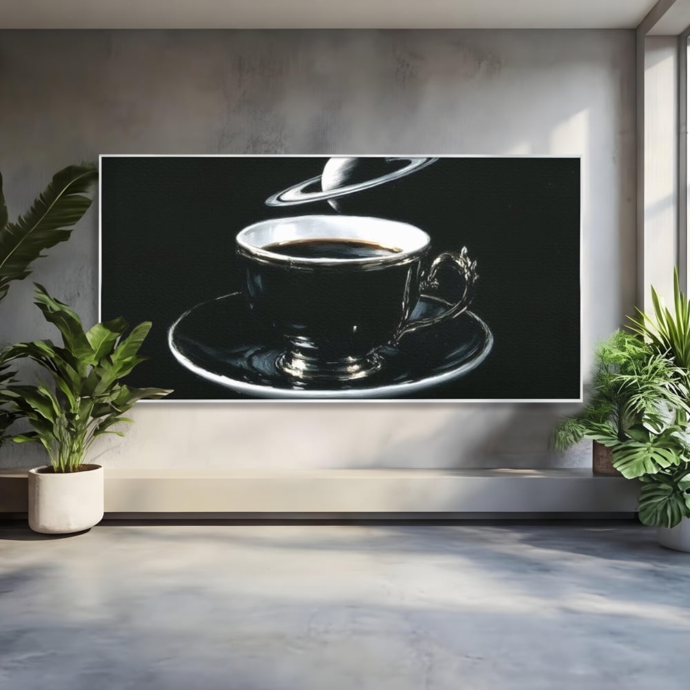 Tablou Canvas Premium, LuxCanva® N1157, Orbita Neagra, Cafea, Espresso, Ceasca, Vintage, Planeta, Misterios, Modern, Cafenea, Pub, Bar, Lounge, Restaurant, Bucatarie