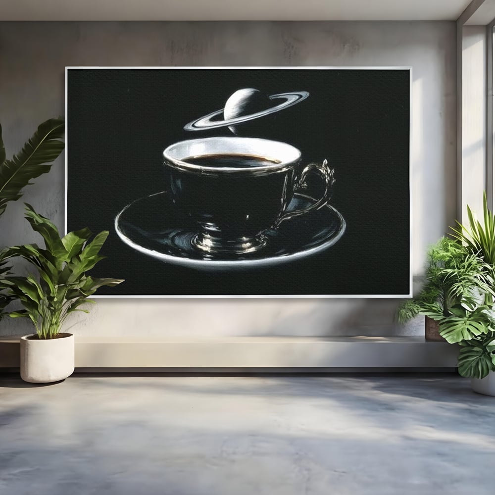 Tablou Canvas Premium, LuxCanva® N1157, Orbita Neagra, Cafea, Espresso, Ceasca, Vintage, Planeta, Misterios, Modern, Cafenea, Pub, Bar, Lounge, Restaurant, Bucatarie